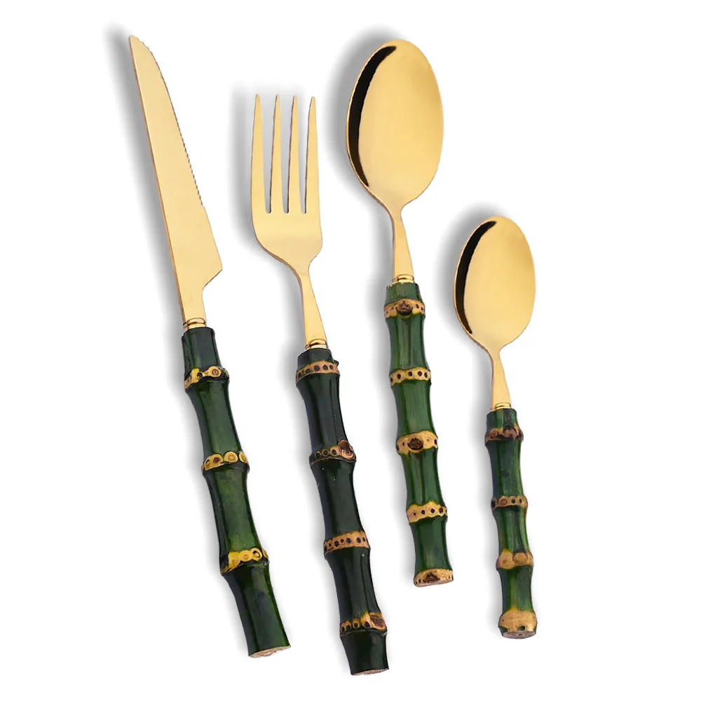 Bamboo Cutlery - 4Pcs 천연 대나무 손잡이 식기 세트