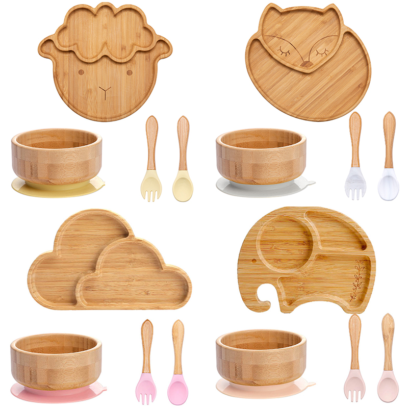 Bamboo Cutlery - 4pcs 어린이 식기 흡입 접시 그릇