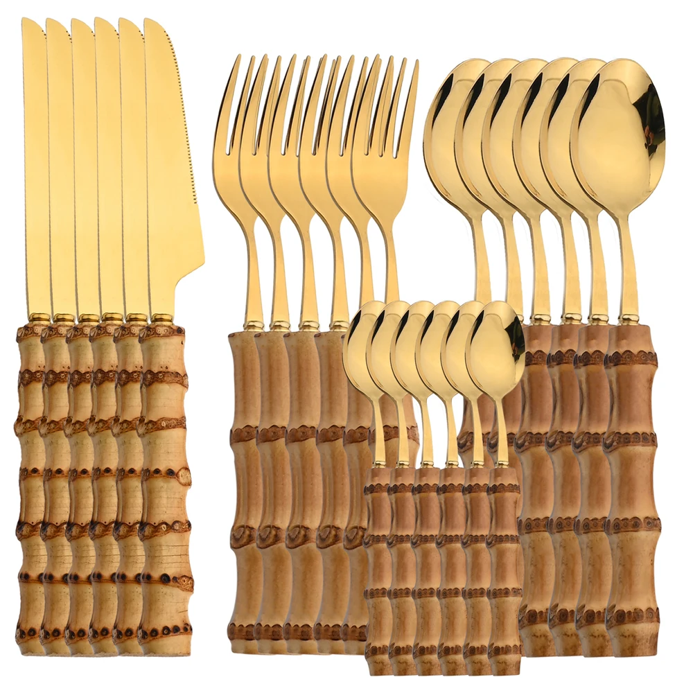 Bamboo Cutlery - 24Pcs 스테인레스 스틸 Flatware 천연 대나무