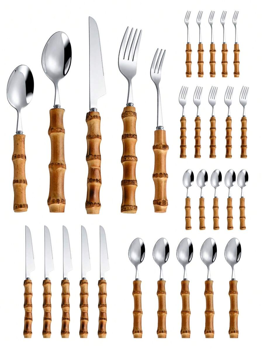 대나무 손잡이가 있는 30피스 스테인리스 스틸 수저 세 - Bamboo Cutlery 리뷰 및 가격