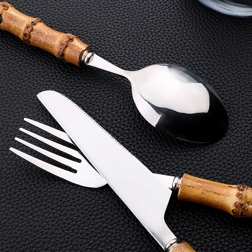 24Pcs 스테인레스 스틸 Flatware 천연 대나무 - Bamboo Cutlery 리뷰 및 가격